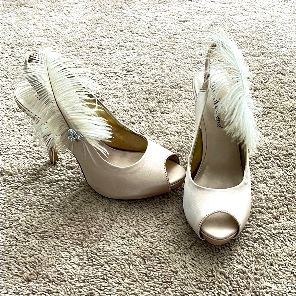 Lulu Townsend Champagne Satin Peep-Toe Heels with Feather Detail